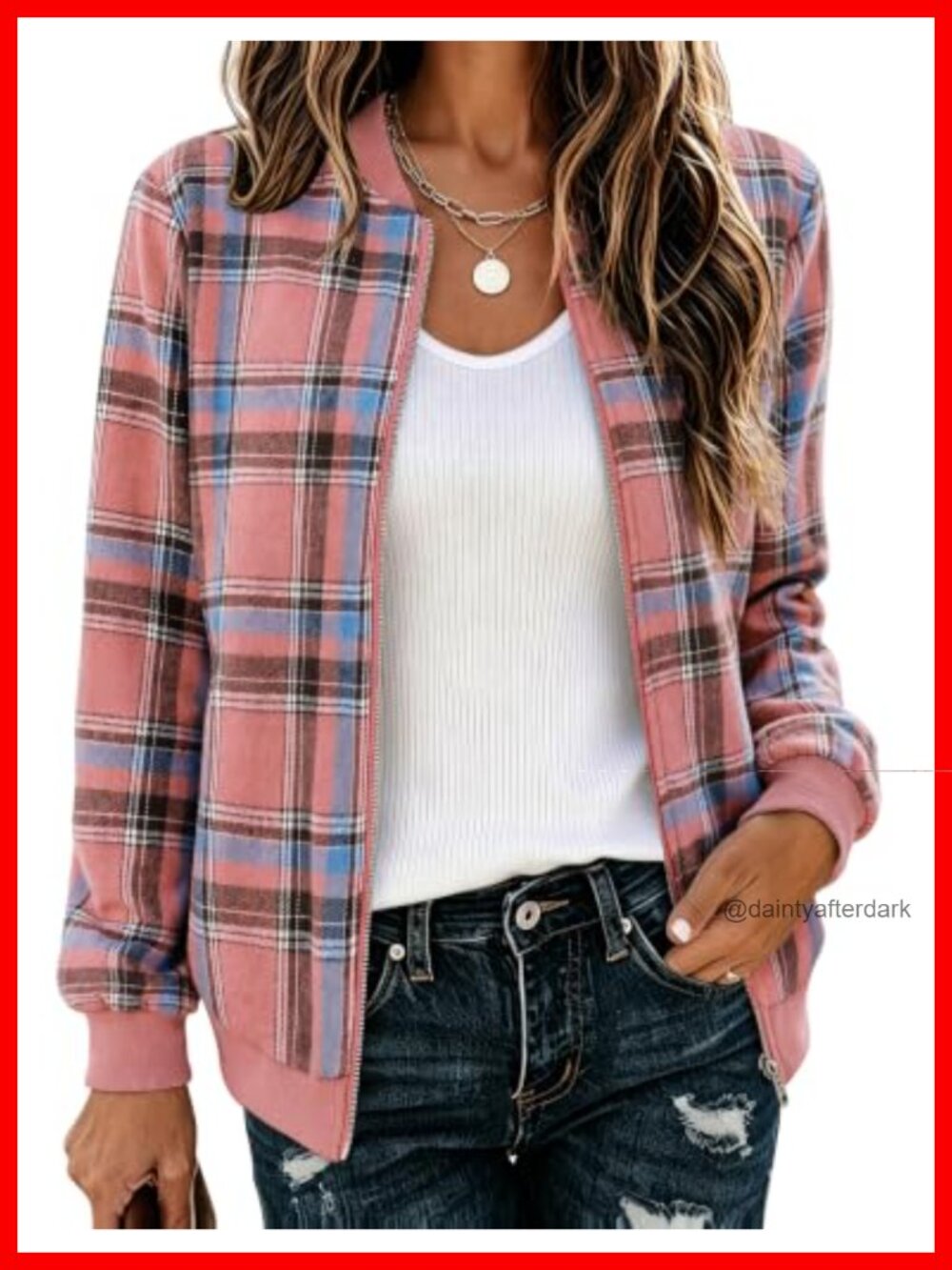 Plaid Flannel Bomber Jacket Zip Up Lightweight Coat